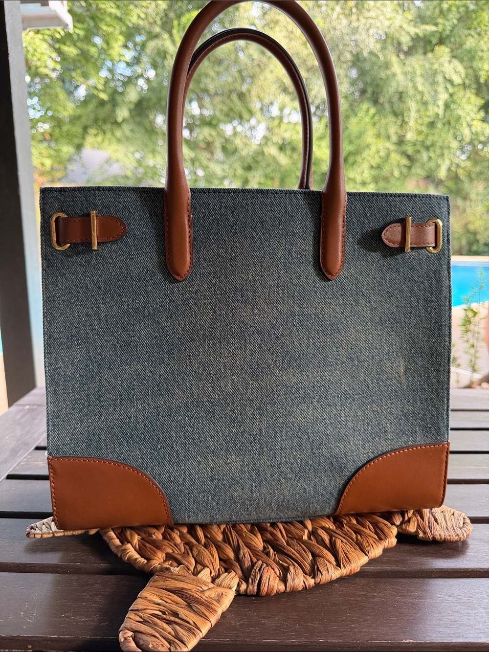 Lauren Ralph Lauren Leather-Trim Large Devyn Denim Tote NWOT